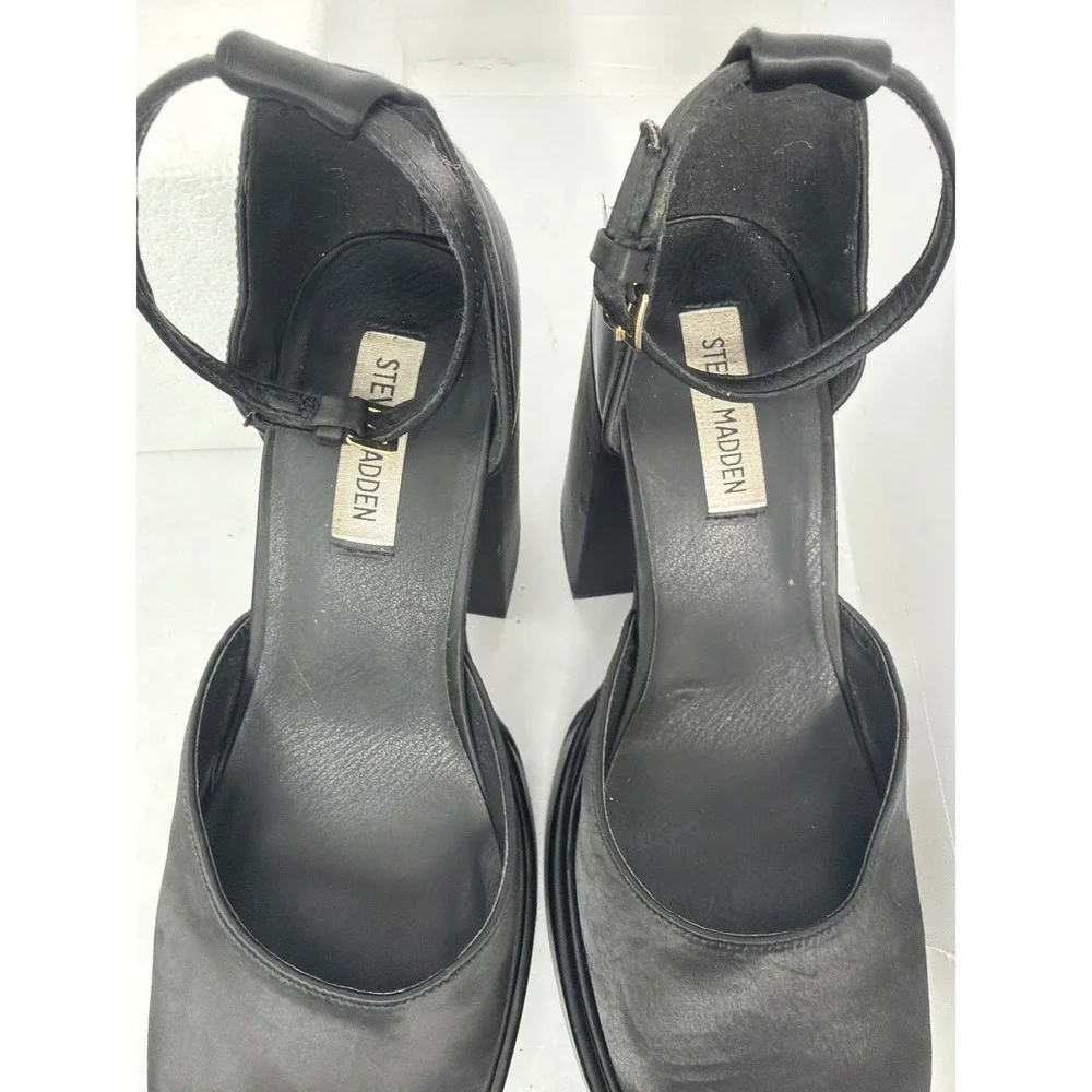 Steve Madden Charlize Black Satin Double Platform Heel size Ankle Strap Pumps 8